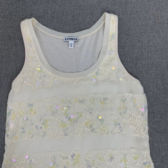 Express Ivory Sequin‎ Tank Top Floral Lace Detail XS Scoop Neckline Cotton Poly - Picture 2 of 12